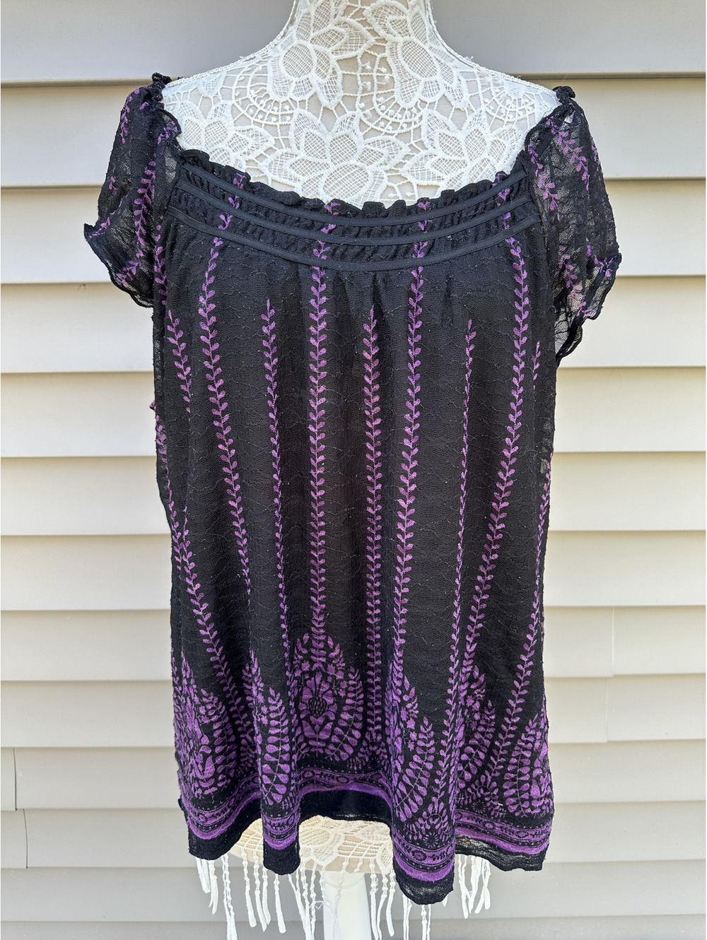 Gitano Black Lace Top with Purple Embroidery Bohemian Cottagecore